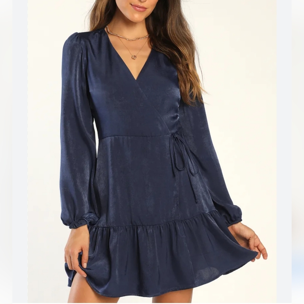 Lulus So Splendid Navy Blue Satin Long Sleeve Wrap Dress